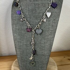 Silver and Purple Charm Necklace with Eclectic Beads